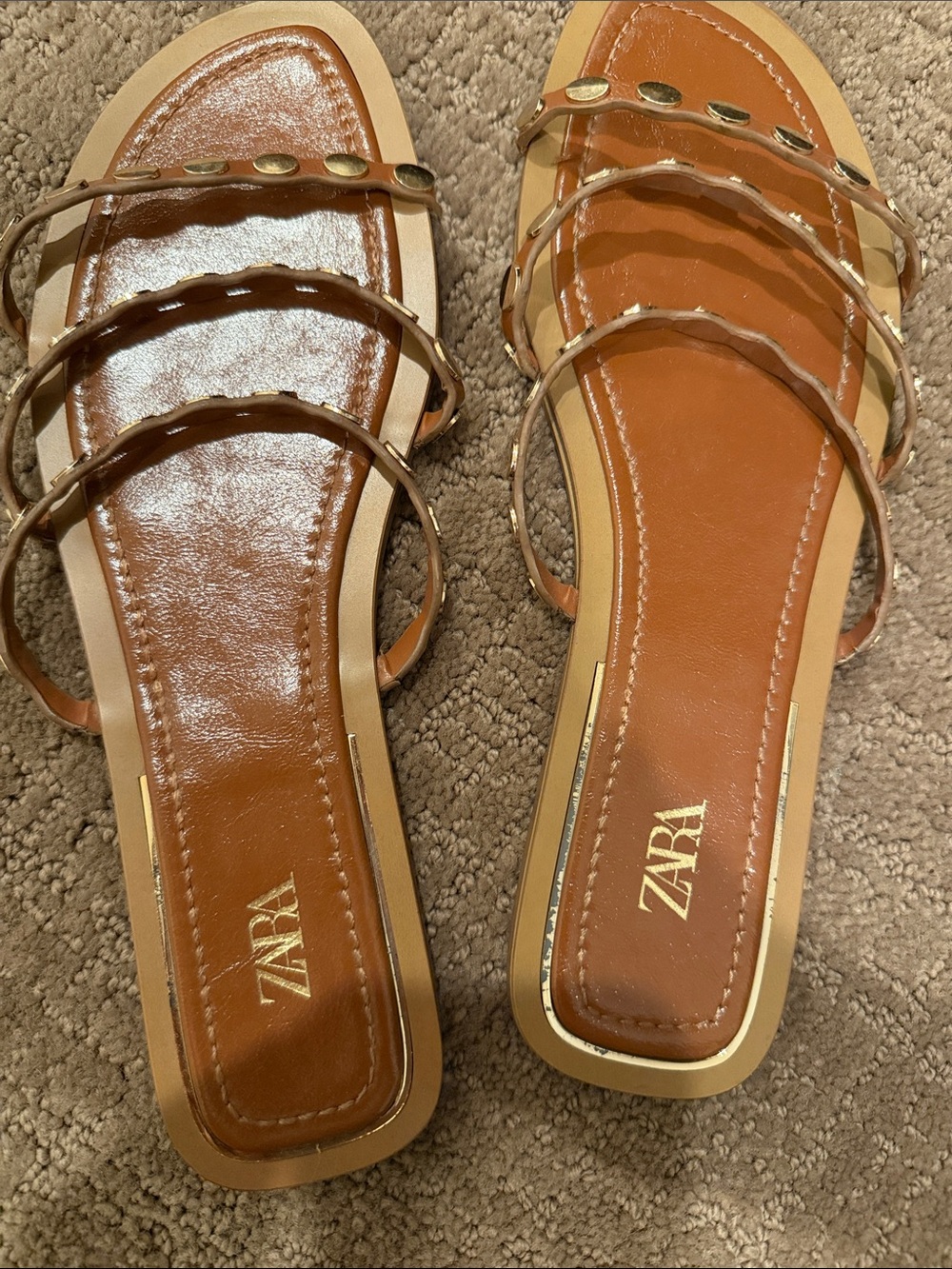 ZARA Tan Braided Strap Slide Sandals with Gold Studs